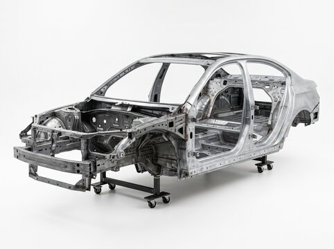 Technical 3D render of an automobile body-in-white frame and skeleton isolated on white background.