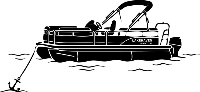 Pontoon boat at anchor vector silhouette isolated on white background