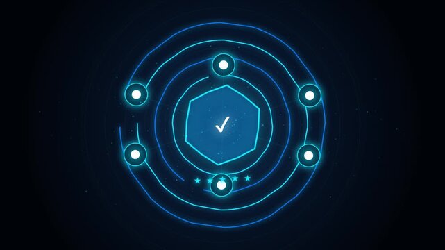 Futuristic HUD interface element with rotating hexagonal data module in dark technological environment