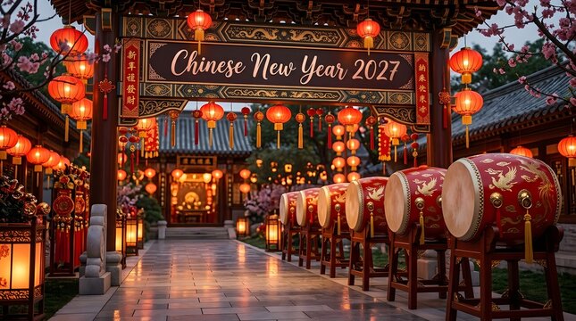 Chinese new year 2027 celebration with traditional red lanterns and drums
