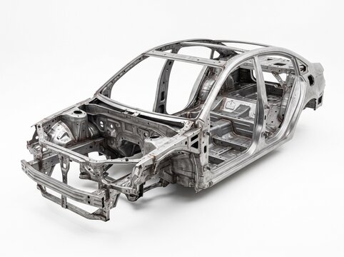 Technical 3D render of an automobile body-in-white frame and skeleton isolated on white background.