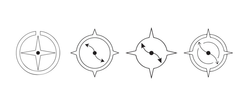 Set of four compass icons with directional arrows and navigation symbols on a white background design