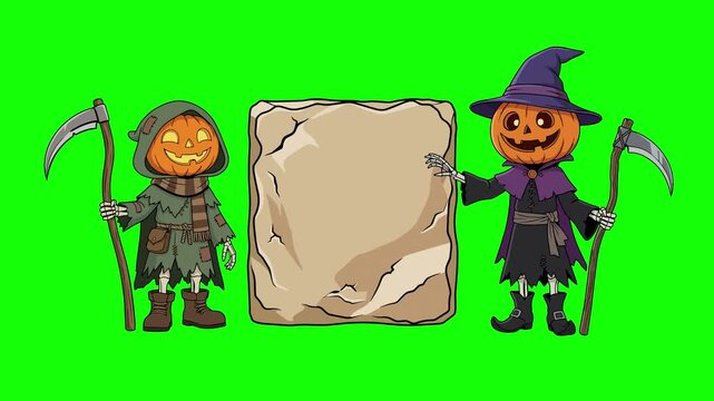 2D Halloween animation of two cartoon pumpkin head skeleton characters with scythes standing next to a blank stone sign. Halloween template with copy space on a green screen chroma key background.