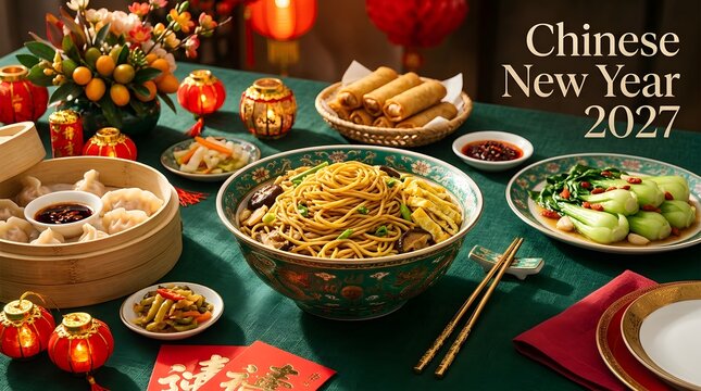 Chinese new year feast with noodles, dumplings, and bok choy on green tablecloth