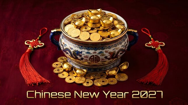 Chinese new year 2027, gold ingots and coins in a decorative porcelain bowl.