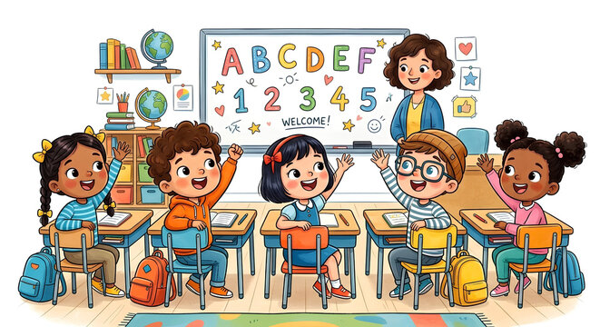 teacher, students, children, school, classroom, raising hands, active learning, education, lesson, study, elementary, pupils, primary school, preschool, kindergarten, diverse, mu