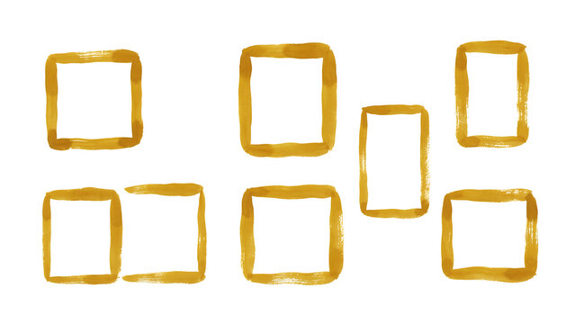 Set of hand drawn golden square and rectangle frames on a page