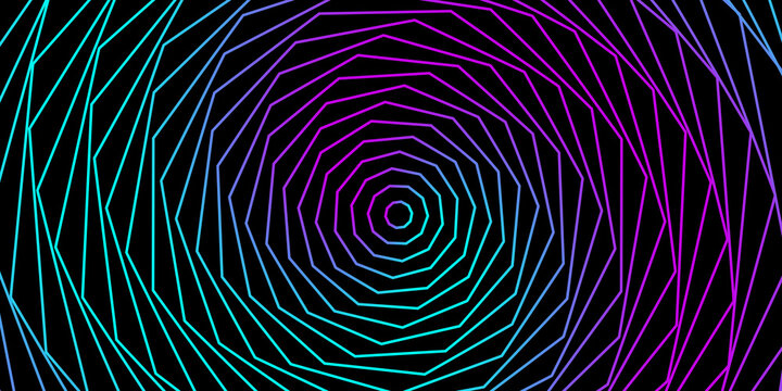 Neon geometric spiral background, abstract purple and cyan line art, futuristic vortex pattern