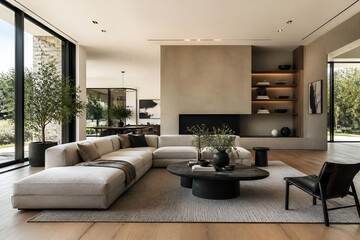 Fototapeta premium Modern living room in a minimalist style, calm and elegant atmosphere, neutral beige and black tones, interior with fireplace and panoramic windows