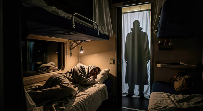Tall vampire silhouette standing in illuminated doorway of train sleeper compartment while traveler sleeps in bunk bed. Dark creepy horror night scene with dramatic shadows and copy space