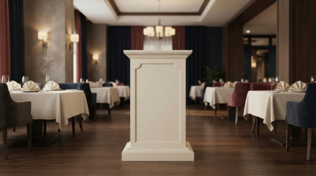 Classic wooden lectern podium standing in center of luxury upscale restaurant interior with tables and elegant decor.