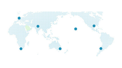 Light blue world map with teal location pins marking cities across continents on white background © arsalan