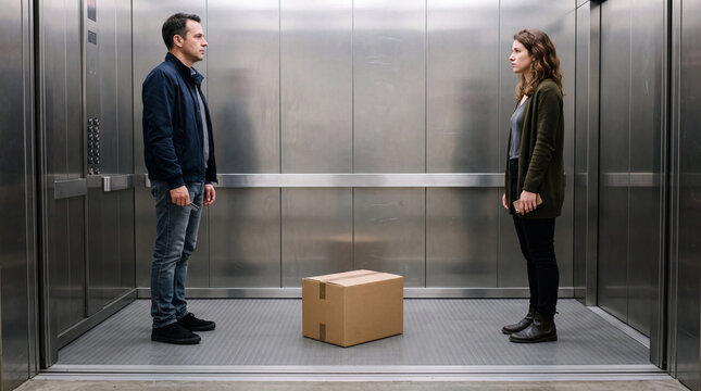 Simple box on the elevator floor between two people