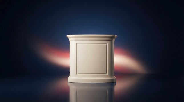Classic architectural style white wooden column podium set against dark blue wall illuminated by abstract warm light sweep.