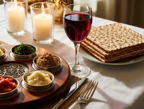 Passover Seder plate with symbolic foods on wooden tray. Matzah bread stack next to wine glass on white tablecloth. Lit candles create warm atmosphere for Jewish holiday meal. Traditional Pesach
