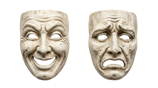 Theater masks showing dramatic comedy and tragedy expressions carved in stone on transparent background