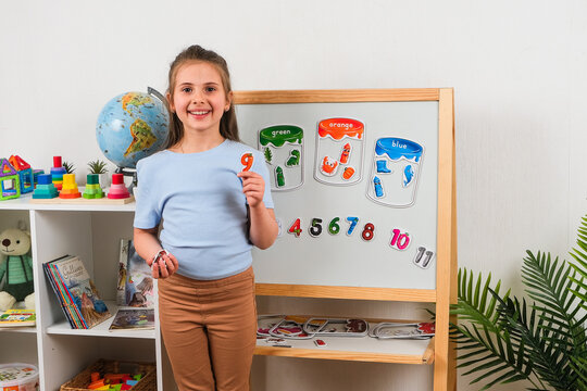 High-quality lifestyle photography of a private lesson. Highlighting the personalized learning process, flashcards usage, and educational game with colorful items for kids.