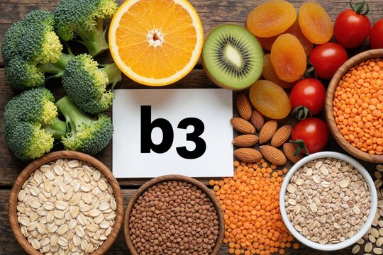 Assorted nutritious food on wooden table. Broccoli, orange, kiwi, tomatoes, lentils, almonds, buckwheat, oats provide natural vitamin B3. Healthy organic ingredients like dried apricots, grains serve