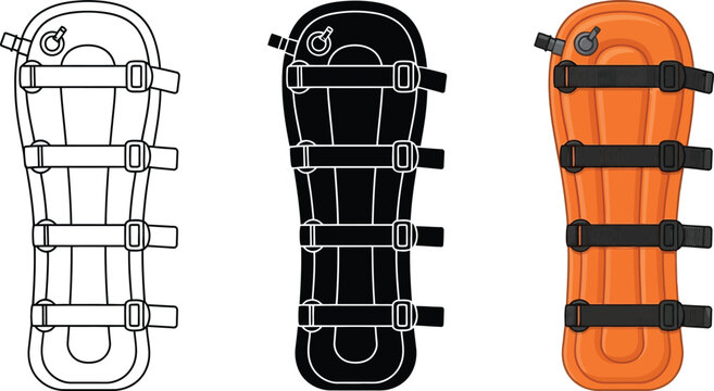 Emergency vacuum splint vector icons, medical limb immobilization equipment for first responders, orange orthopedic leg splint set.