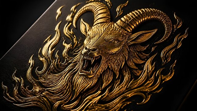 Golden engraving of a goat's head with twisted horns on a black background, majestic ornamental style, symbol of the Goat's strength and year
