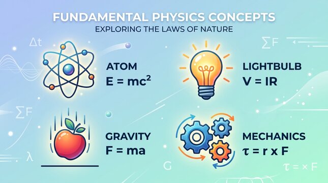 Educational infographic of fundamental physics concepts and formulas