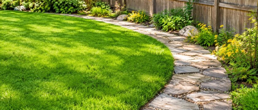Winding stone path curves through a vibrant green lawn. Yellow flowers and lush bushes line the garden border. This tranquil backyard setting offers a peaceful outdoor escape. banner format