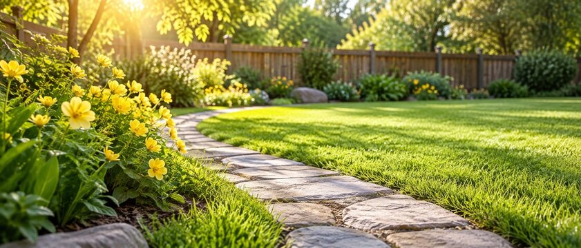 Winding stone path curves through a vibrant green lawn. Yellow flowers and lush bushes line the garden border. This tranquil backyard setting offers a peaceful outdoor escape. banner format