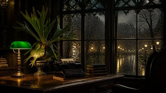 A green lamp with a brass base, a cozy evening mood, a cinematic style, a desk against the backdrop of a nighttime cityscape outside the window.