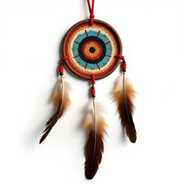 Native american dreamcatcher with intricate beadwork and feathers symbolizing spiritual healing and traditional pain relief methods isolated on white