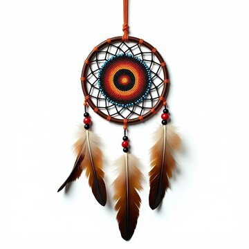 Native american dreamcatcher with intricate beadwork and feathers symbolizing spiritual healing and pain relief traditions on white background