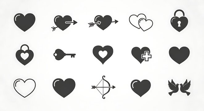 Collection of love and heart icons with arrows and keys