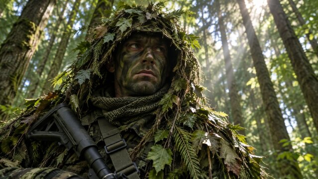 Soldier in ghillie suit with camouflage paint looks left. Raindrops cling to the foliage of his suit in a dense forest. This image represents stealth, survival, and military operations
