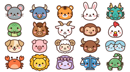 Fototapeta premium Cute animal zodiac icons