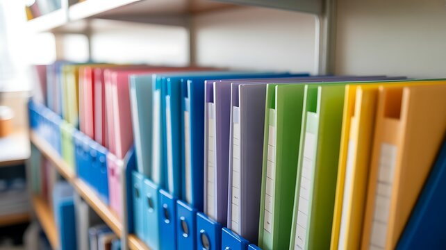 A Close-up Photograph of an Array of Colorful Document Binders Neatly Organized on Office Shelving Units for Efficient Filing