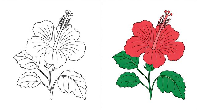 A digital illustration comparing an uncolored outline and a vibrant red hibiscus flower with green leaves for creative projects
