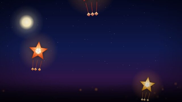 Festive star lanterns floating in dark night sky, glowing parol decorations for Christmas celebration, whimsical animated background with moon