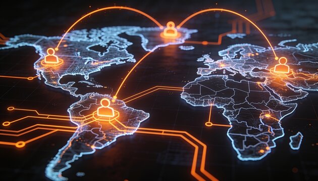 Isometric world map with glowing orange link symbol, holographic wireframe continents and connection arcs in neon circuitry on dark backdrop, distributed remote startup team illustration