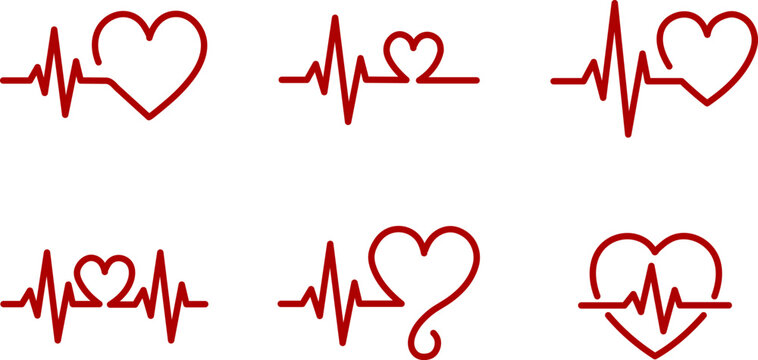 Red Heartbeat Pulse Line With Heart Shape Medical ECG Vector Icons