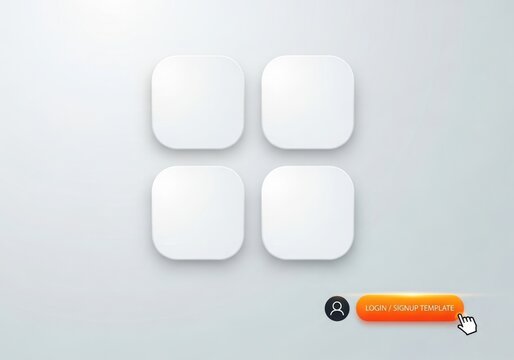 Four white squares with a login button isolated on white background