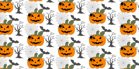 Obraz premium Spooky Halloween repeat pattern vectors background. Orange Jack-o-lantern pumpkins, spiderwebs, bats, and creepy trees continuous wallpaper template for holiday wrapping paper or party decor