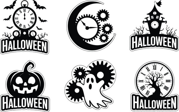 Vintage halloween badges set featuring clocks gears pumpkins ghosts and haunted house silhouettes crescent moon halloween silhouette monochrome elements celebration clockwork