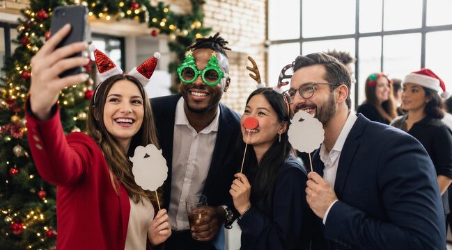 Happy Colleagues Taking Selfie at Office Christmas Party