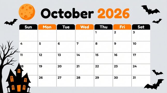 A monthly calendar template for october 2026 featuring a spooky halloween theme with a haunted house and flying bats on grey background