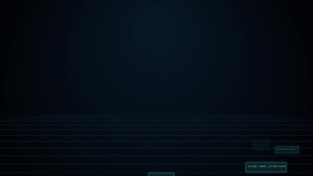 Blue grid lines extend towards a distant horizon in a digital landscape