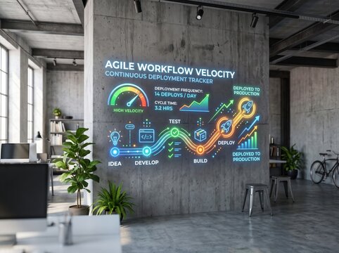 Glowing digital interface showing agile software development workflow, DevOps metrics, and continuous deployment cycle projected on concrete office wall.