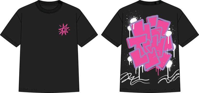 Streetwear Apparel Flat Mockup Vector Template Featuring Front and Back View Black T-Shirts with Front Pink Starburst Accent and Back Graffiti Throw-Up Bubble Letters Print