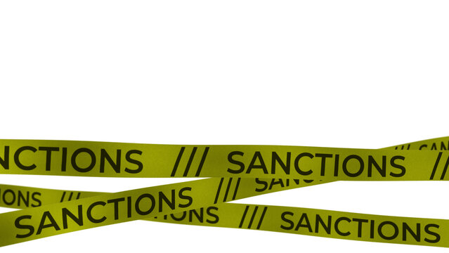 Yellow caution tape with sanctions text isolated on transparent background png cutout 3d render