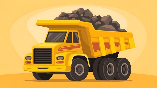 A stylized illustration of a yellow dump truck transporting heavy coal on a construction site with a clean minimalist background
