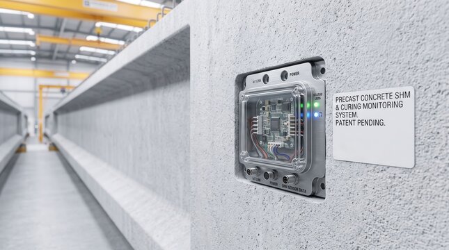 Smart electronic sensor unit embedded in a precast concrete beam for structural health monitoring (SHM) and concrete curing in a modern industrial manufacturing facility.