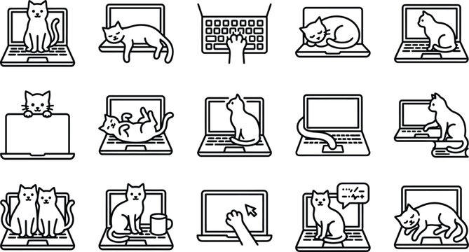 Cute vector line art icons depicting cats interacting with laptops on transparent background
